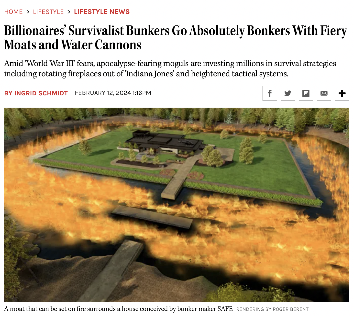 billionaire bunkers 2024 - Home > Lifestyle > Lifestyle News Billionaires' Survivalist Bunkers Go Absolutely Bonkers With Fiery Moats and Water Cannons Amid 'World War Iii' fears, apocalypsefearing moguls are investing millions in survival strategies incl